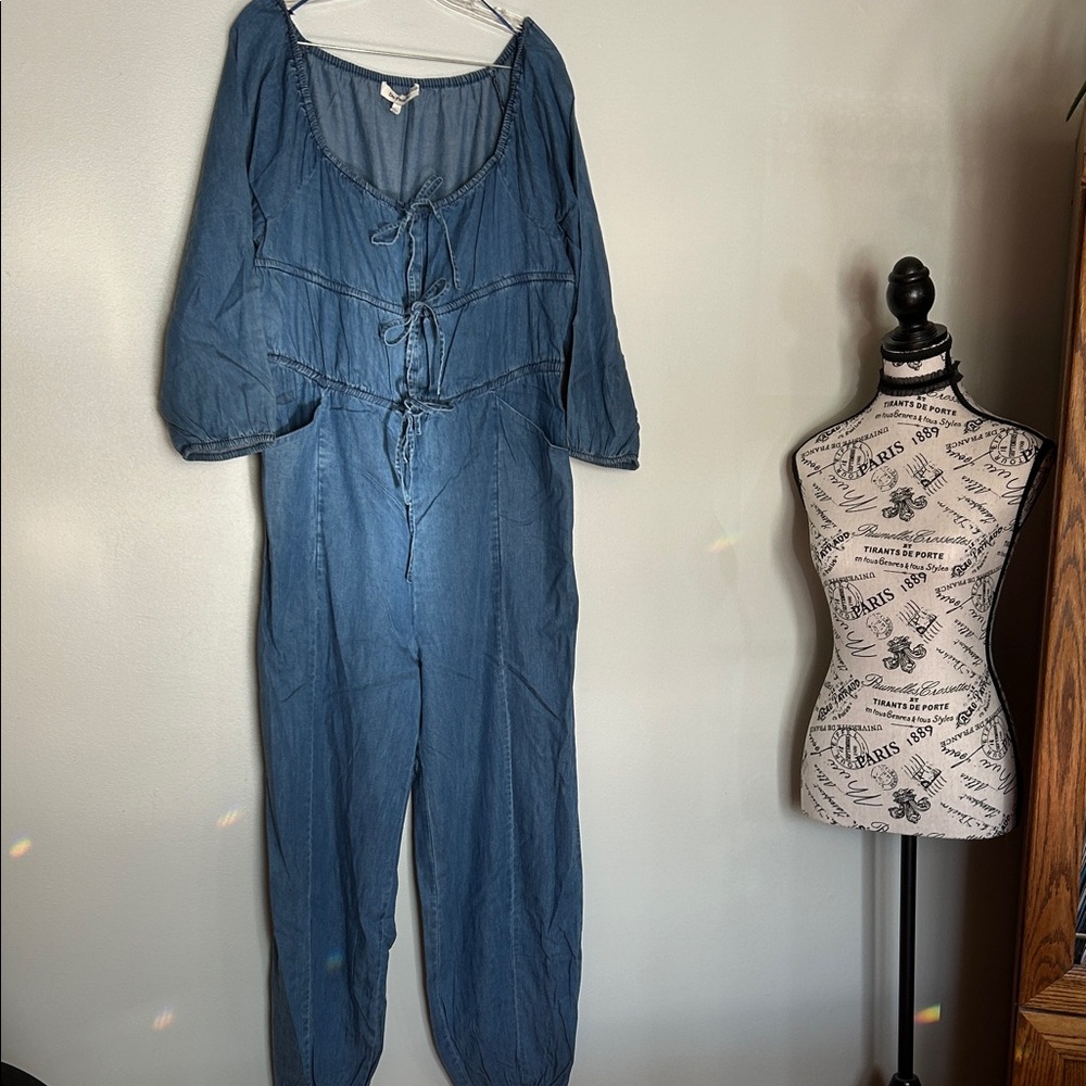 Anthropology Du Paradis Blue Denim Chambray Cotton Jumpsuit size L